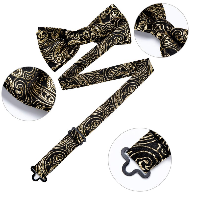 DiBanGu Black Gold Paisley Bow Tie for Men Adjustable Pretied Bow Tie Handkerchief Cufflinks - Image 5